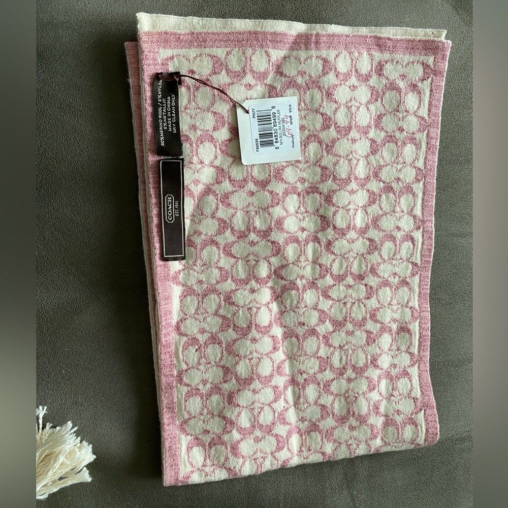 Coach pink and white reversible scarf.
